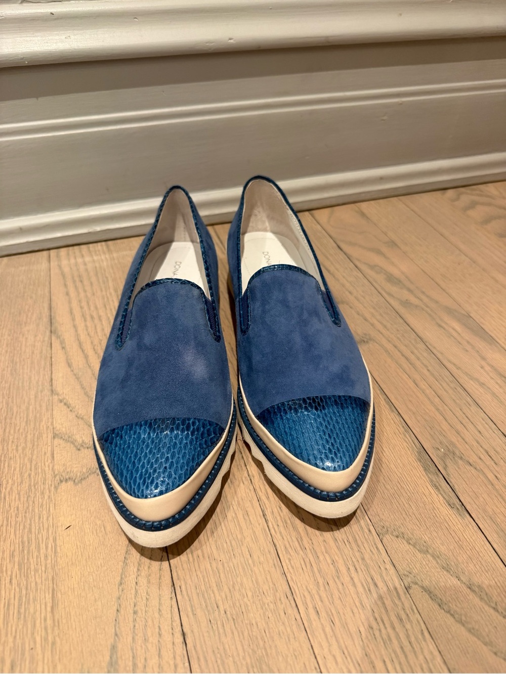 Donald J. Pliner Blue Suede and Textured Leather Slip-On Loafers